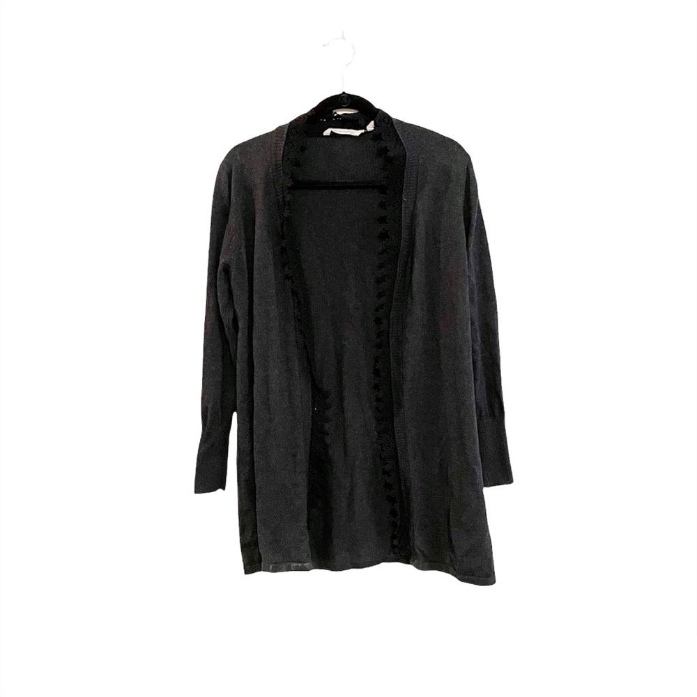 Soft Surroundings Grey Knit Cardigan Sweater Cashmere Blend Lace Edging Medium